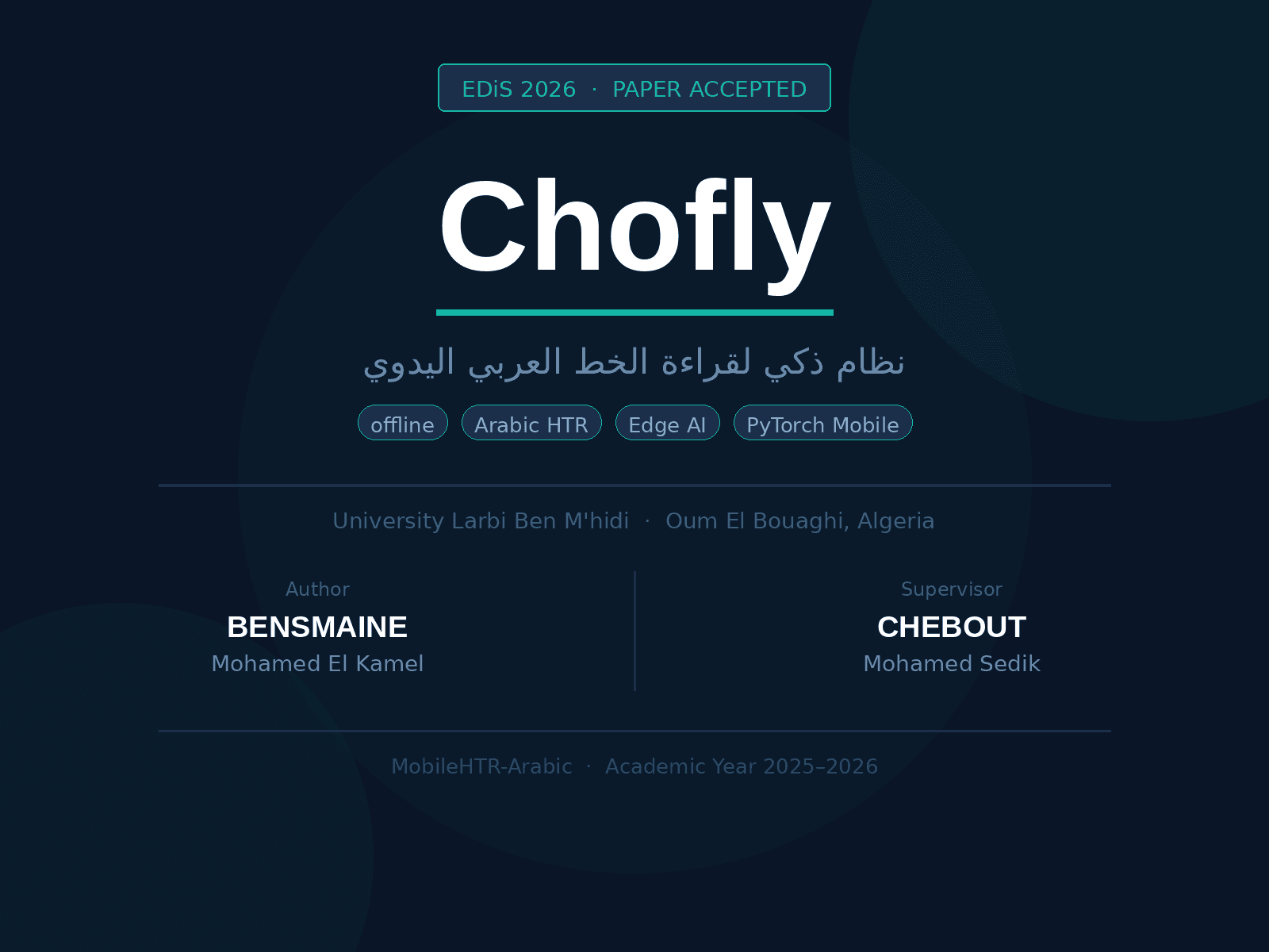 Chofly project card — Arabic handwriting recognition, EDiS 2026